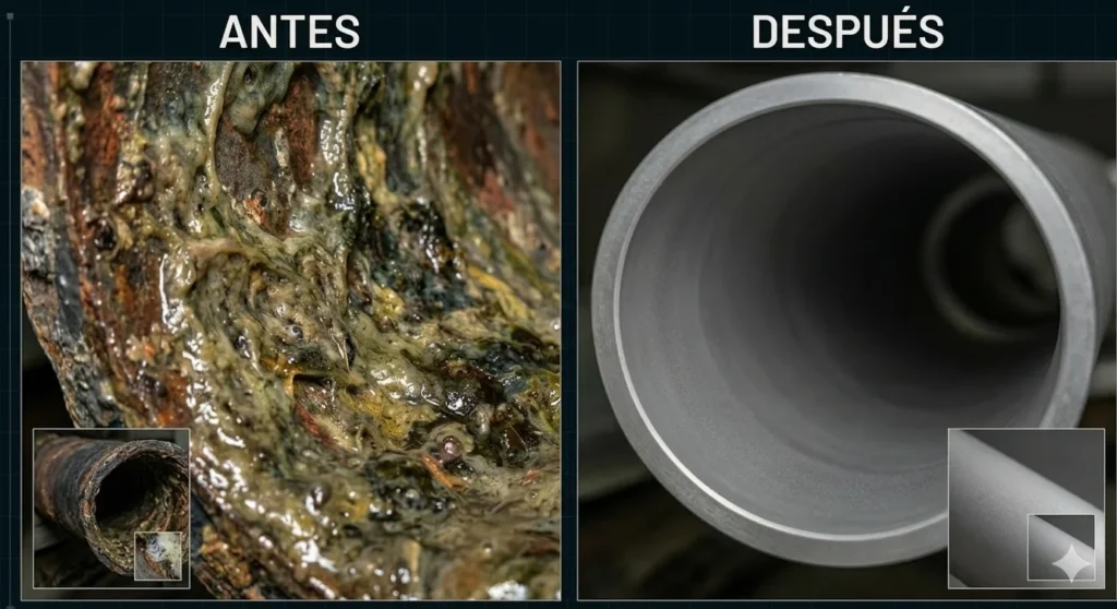 antes y despues biofilm en torres de enfriamiento